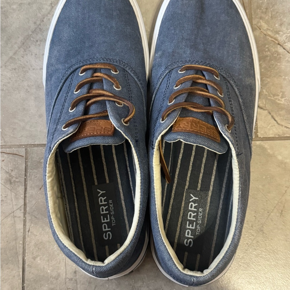 Sperry Men's Navy Canvas Boat Shoes with Brown Accents